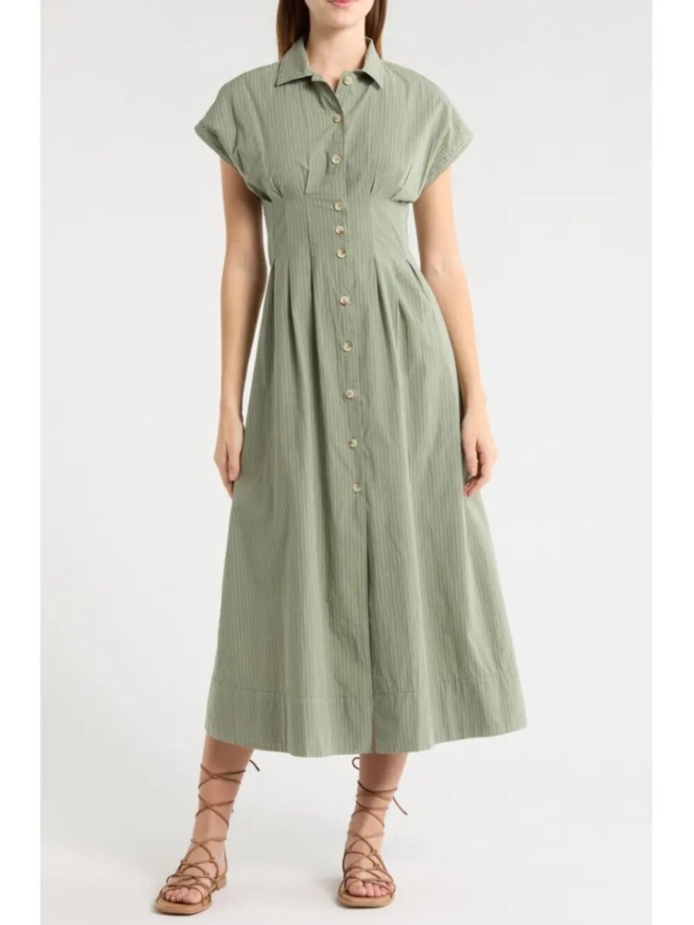 Marine Layer Arden Midi Shirtdress Olive Navy Stripe Pleated Pima Cotton Size M